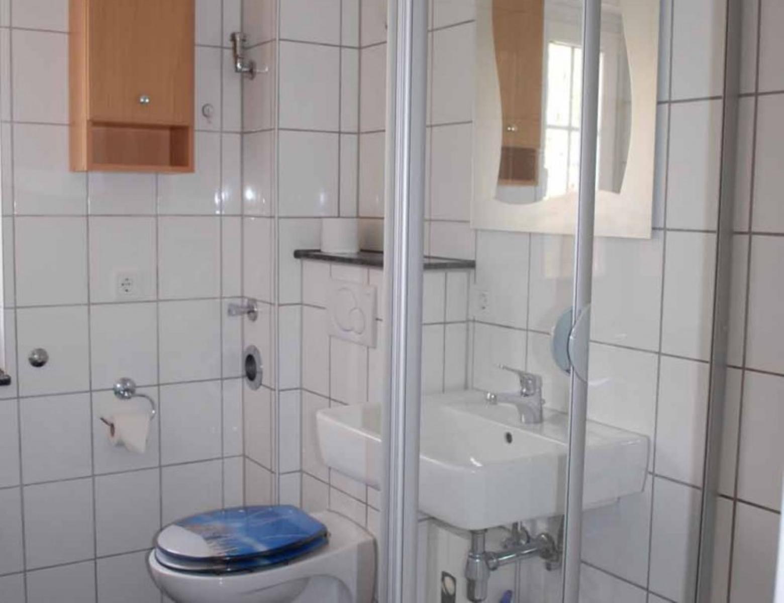 Bathroom with toilet, sink, and shower