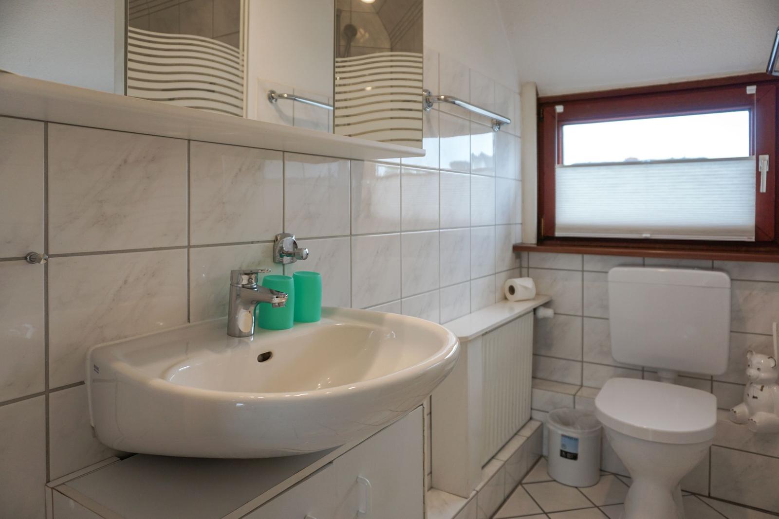 Badezimmer mit Waschbecken, Spiegel, Toilette und Fenster.