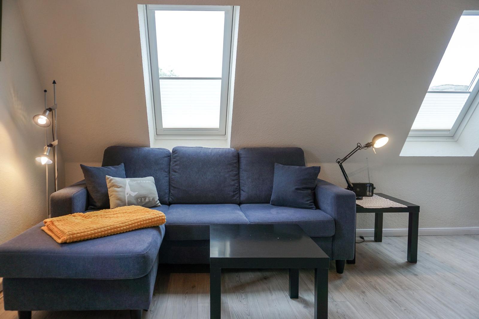 Ein Wohnzimmer mit blauem Sofa, zwei Dachfenstern und einem schwarzen Couchtisch.