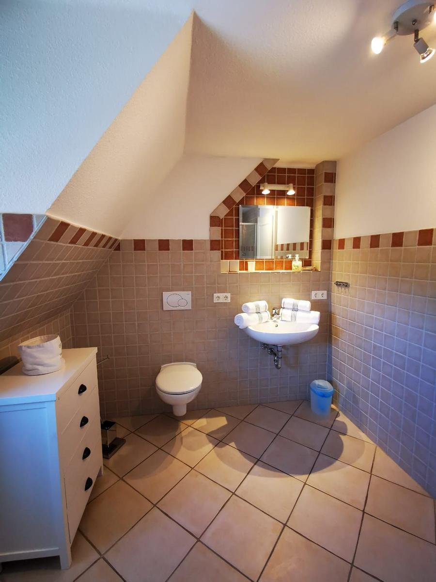 Badezimmer mit Dusche, Waschbecken und Toilette unter Dachschrägen.