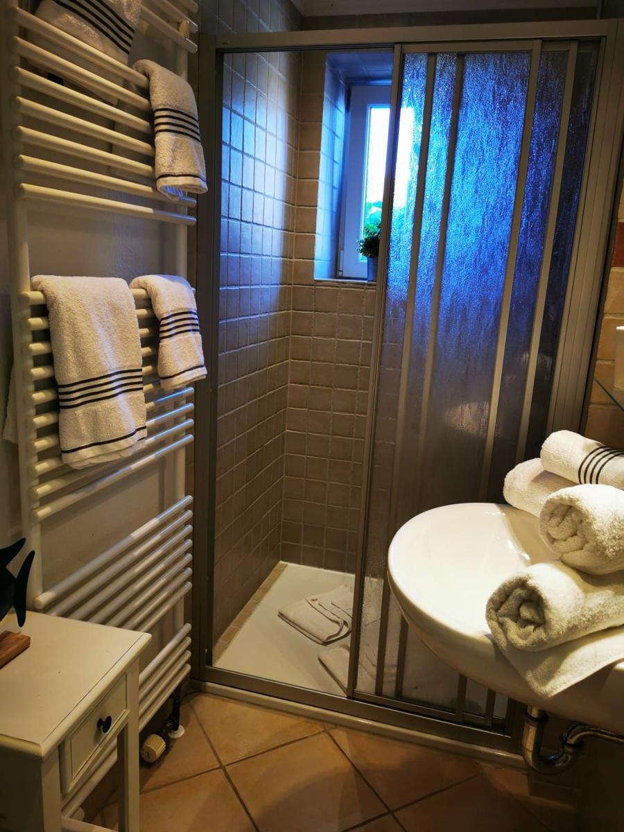 Badezimmer mit Dusche, Handtuchhalter und Waschtisch.