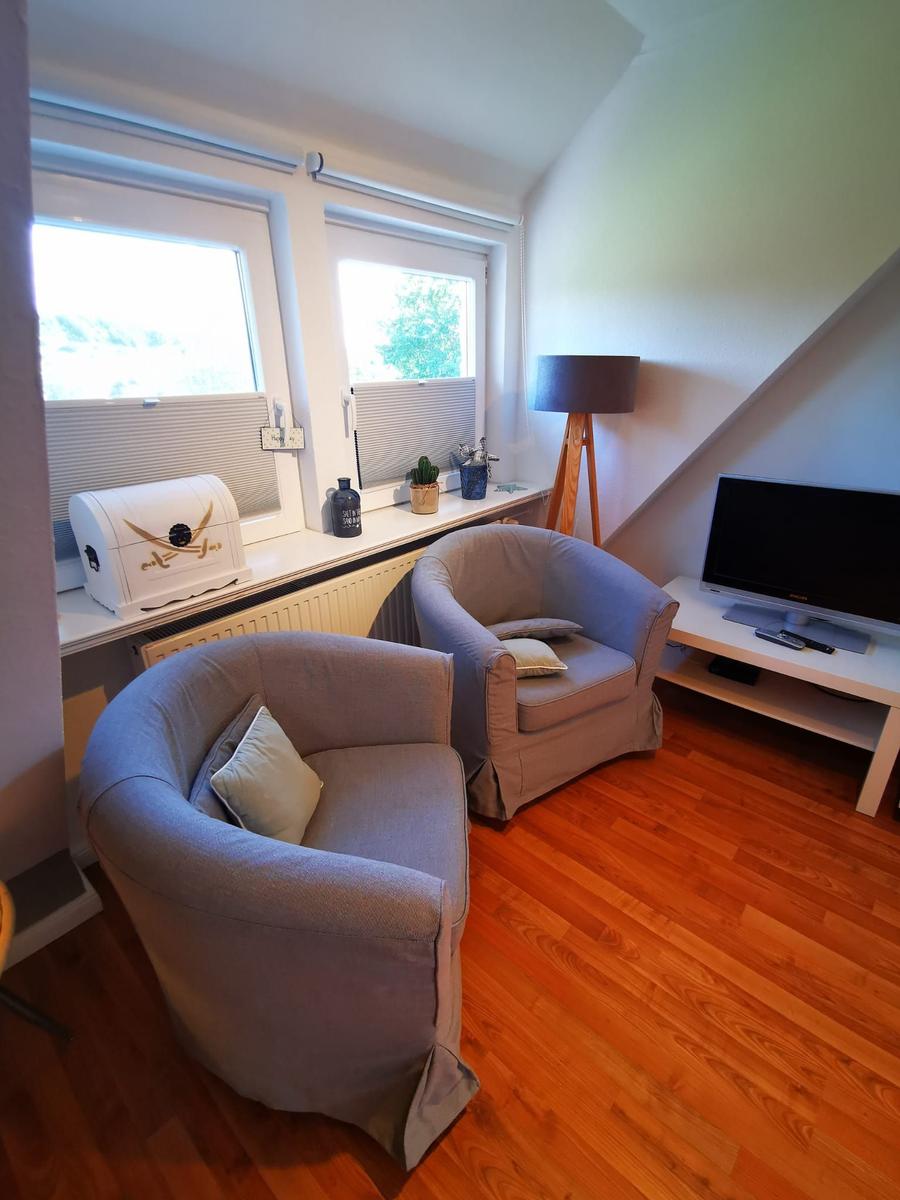 Zwei Sessel, Fernseher und Fenster mit Blick nach draußen.