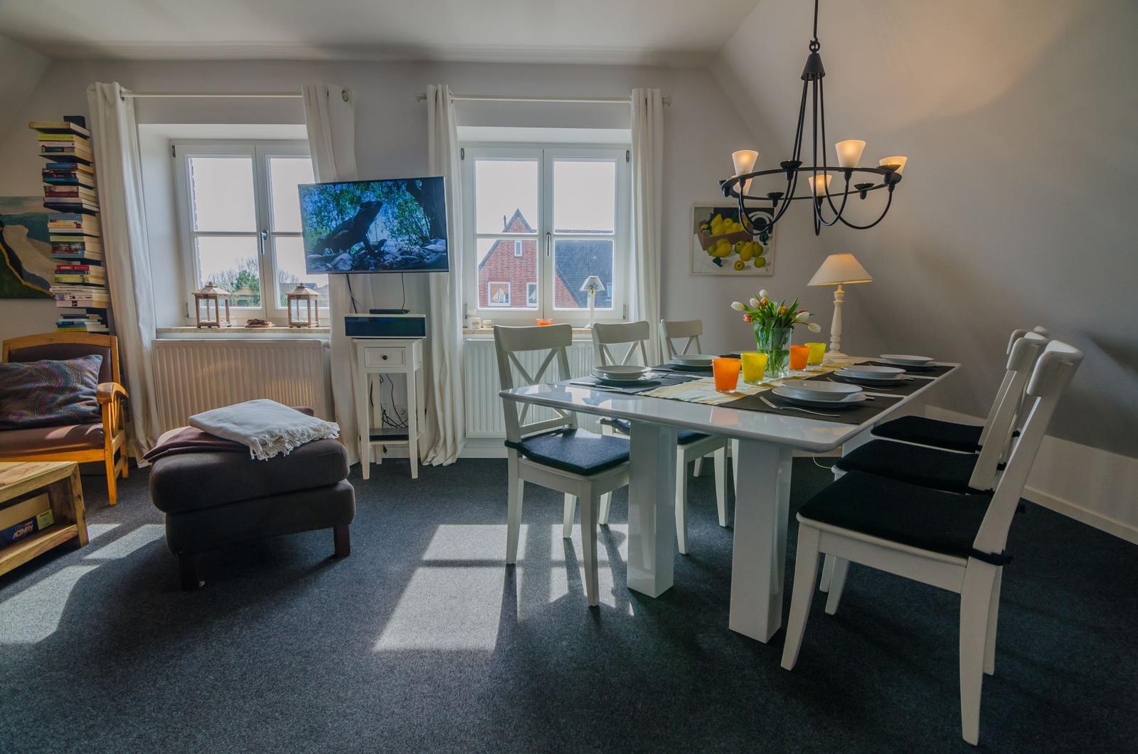 Dining room with table, chairs, and windows. TV and bookshelf are visible.