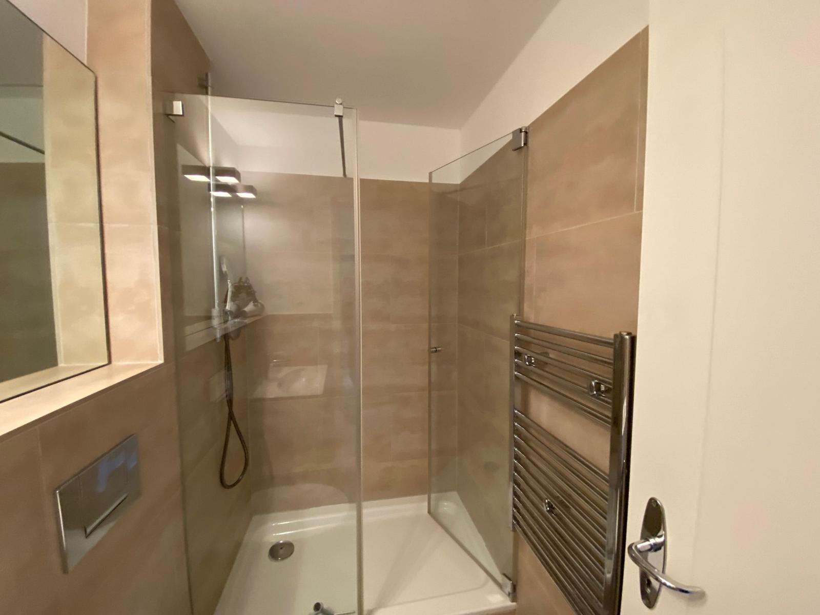 Dusche mit Glaswand, Handdusche und Heizkörper an der Wand.