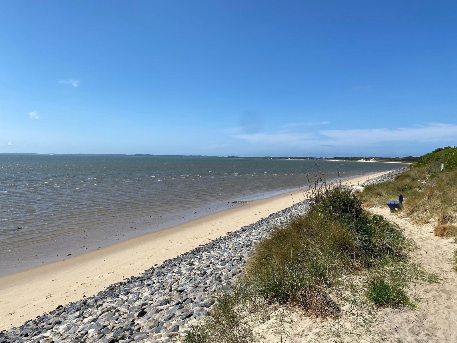Strand mit Sand, Steinen und Gras unter blauem Himmel.