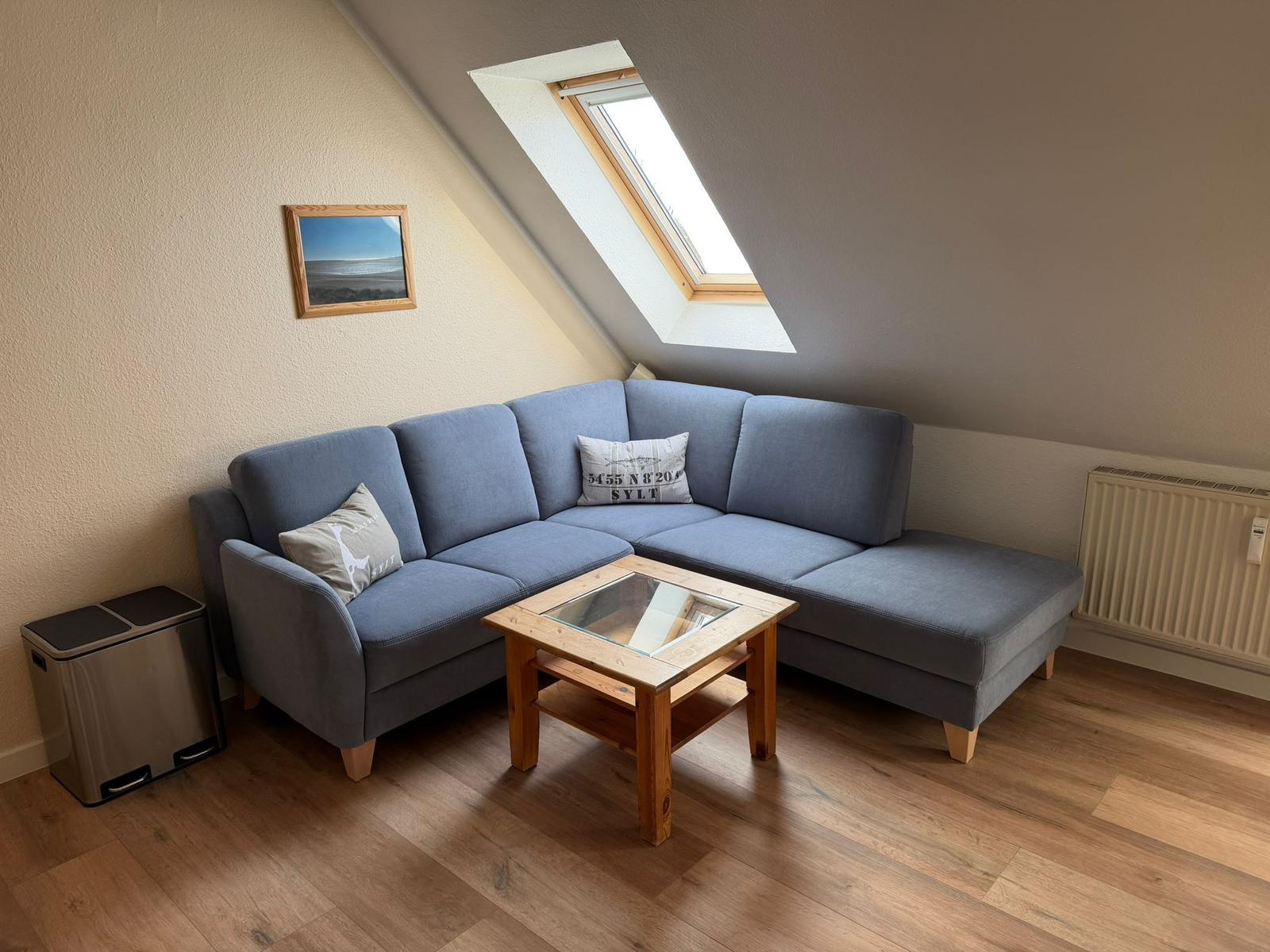 A living room with blue sofa, wooden table, and skylight.