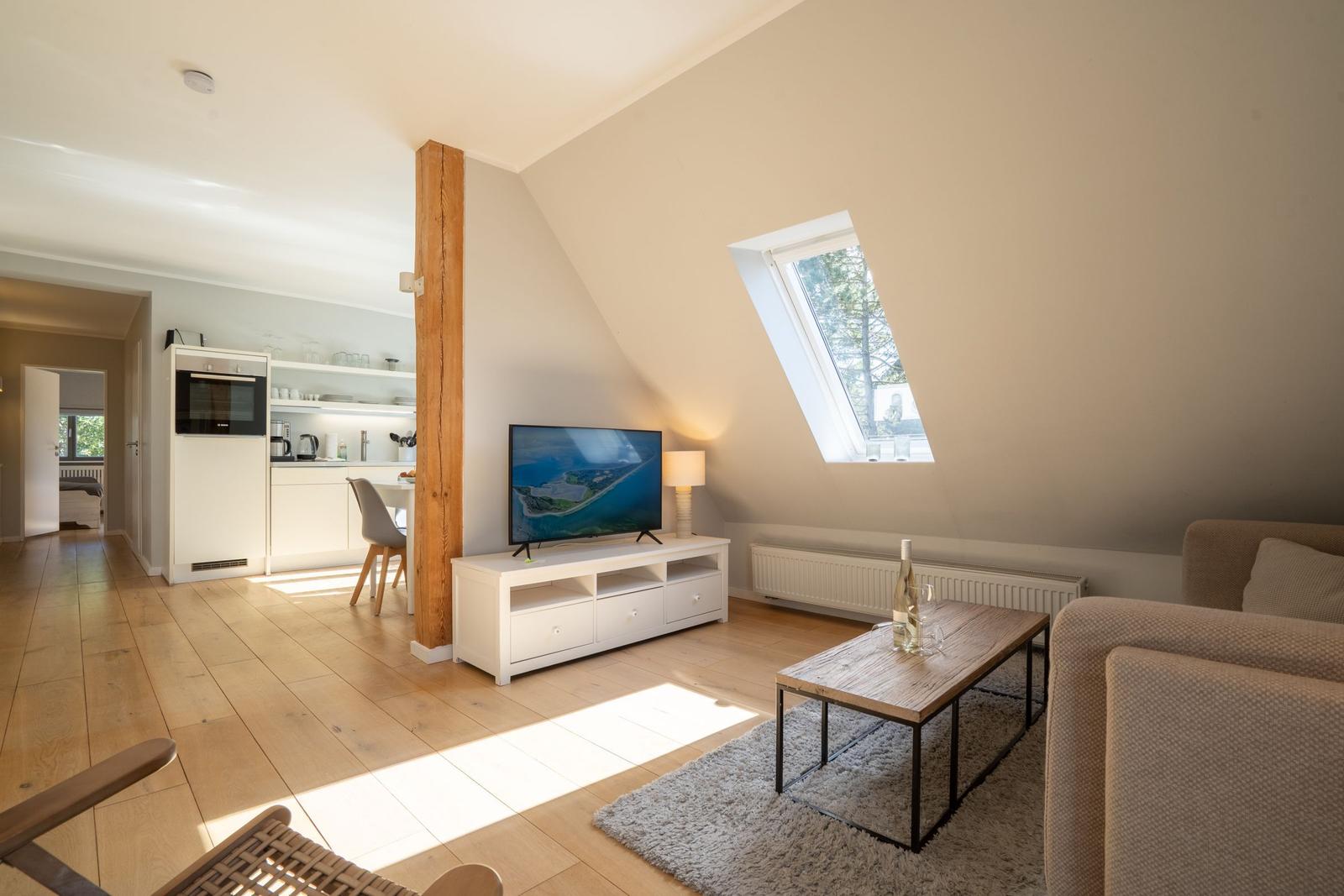 Living area with TV, sofa, and kitchen area. Skylight and wooden floor.