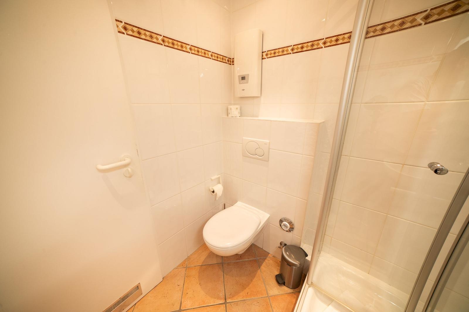 Bathroom with shower, toilet, and heater.