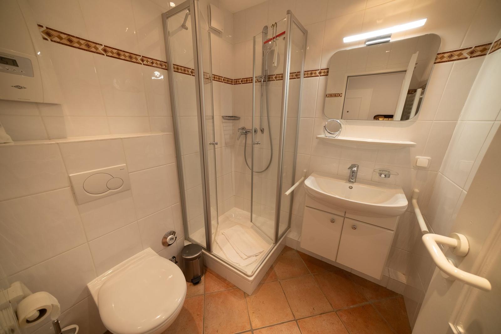 Bathroom with shower, sink and toilet. Tile floor and handrail.