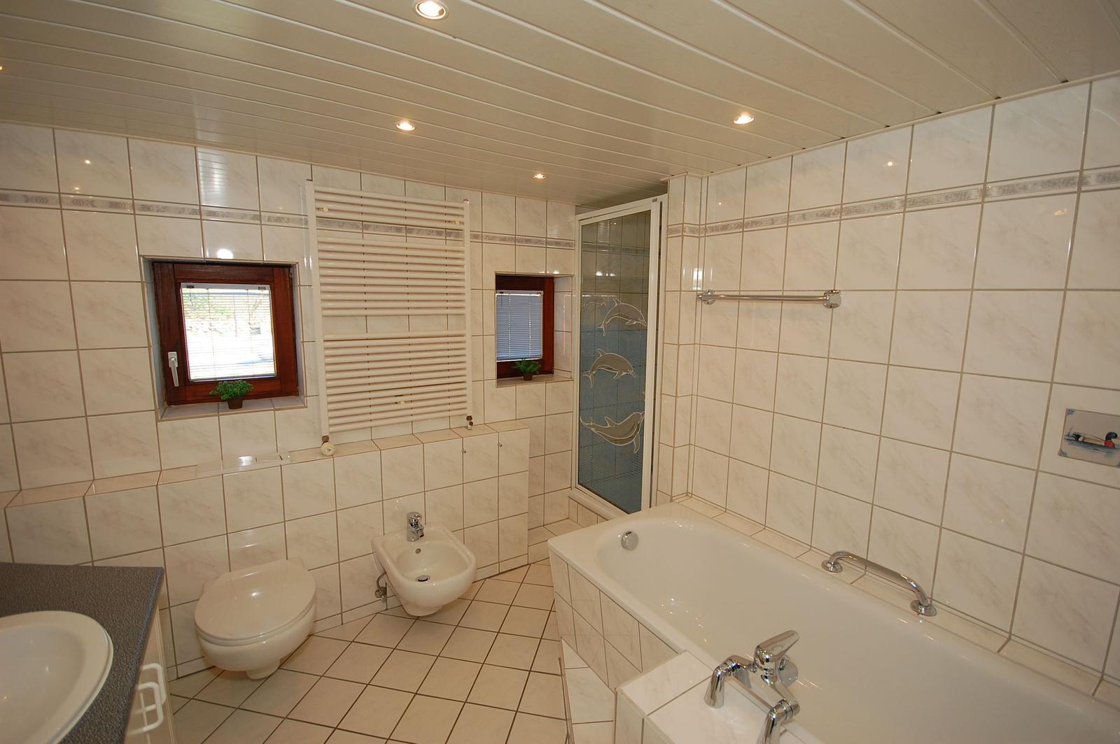 Bathroom with bathtub, shower, toilet, and sink.