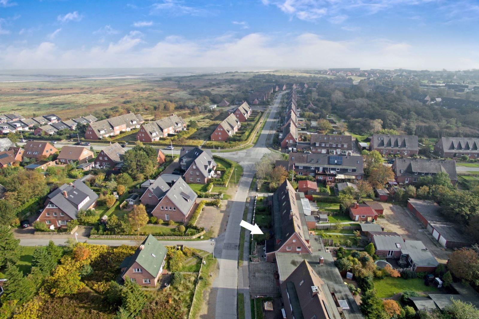 Aerial view of residential area with houses and greenery near coastline.
