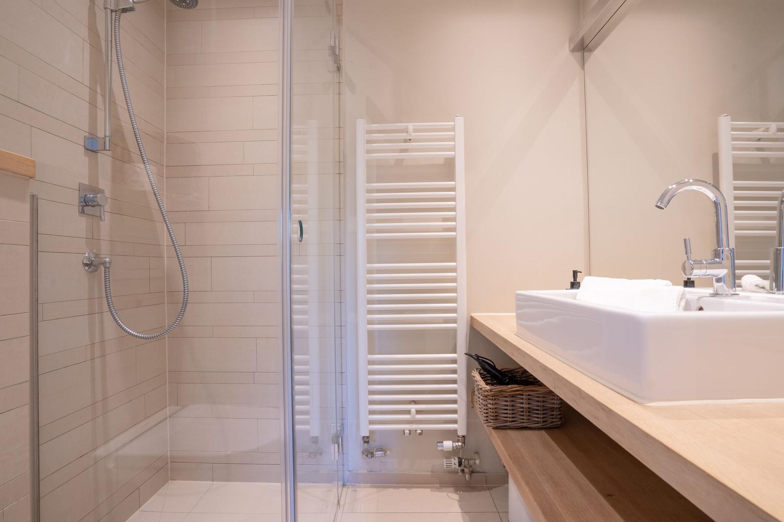 Dusche mit Glaswand, Handbrause und Heizkörper neben Waschbecken.