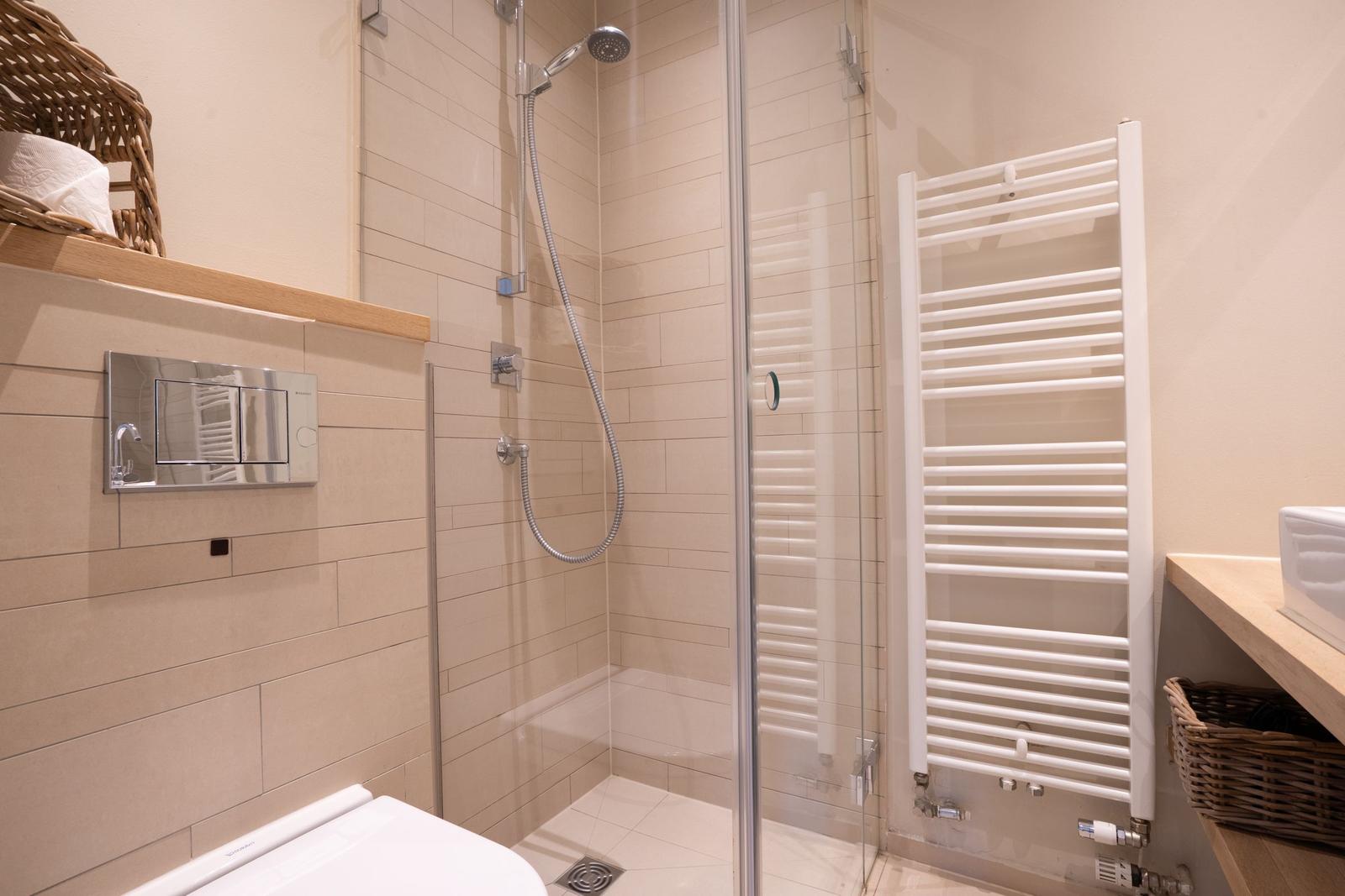 Badezimmer mit Dusche, Heizkörper und Toilette.