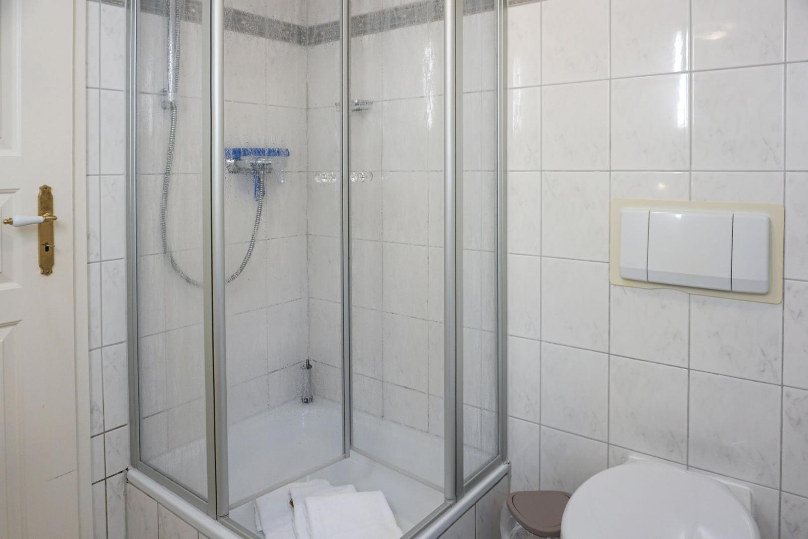 Shower with glass enclosure, toilet, and towel in bathroom