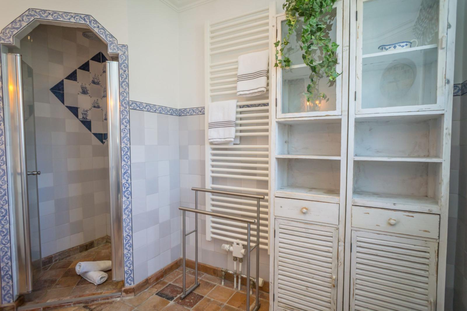 Dusche mit blau-weißen Fliesen, Handtuchhalter und weißer Schrankwand.