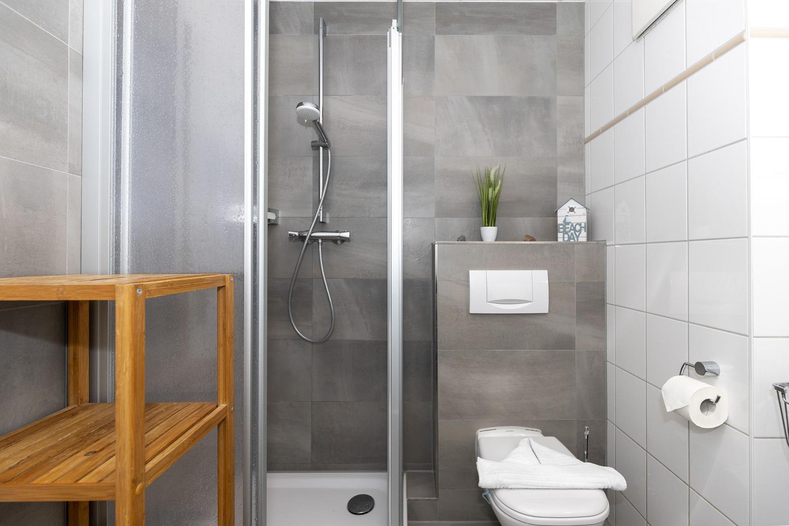 Dusche mit Duschbrause, Toilette und Holzregal