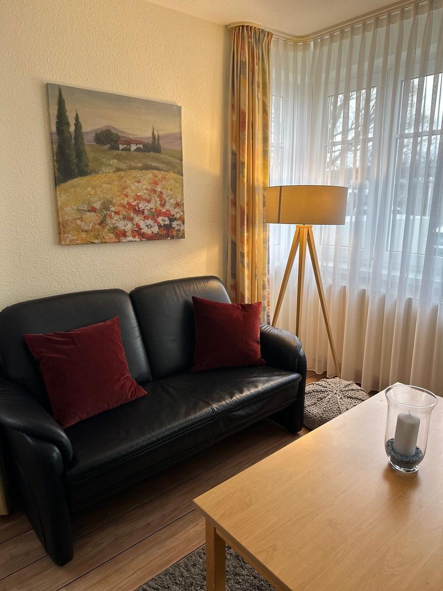 Schwarzes Sofa mit roten Kissen, Holztisch und Wandbild mit Landschaft.