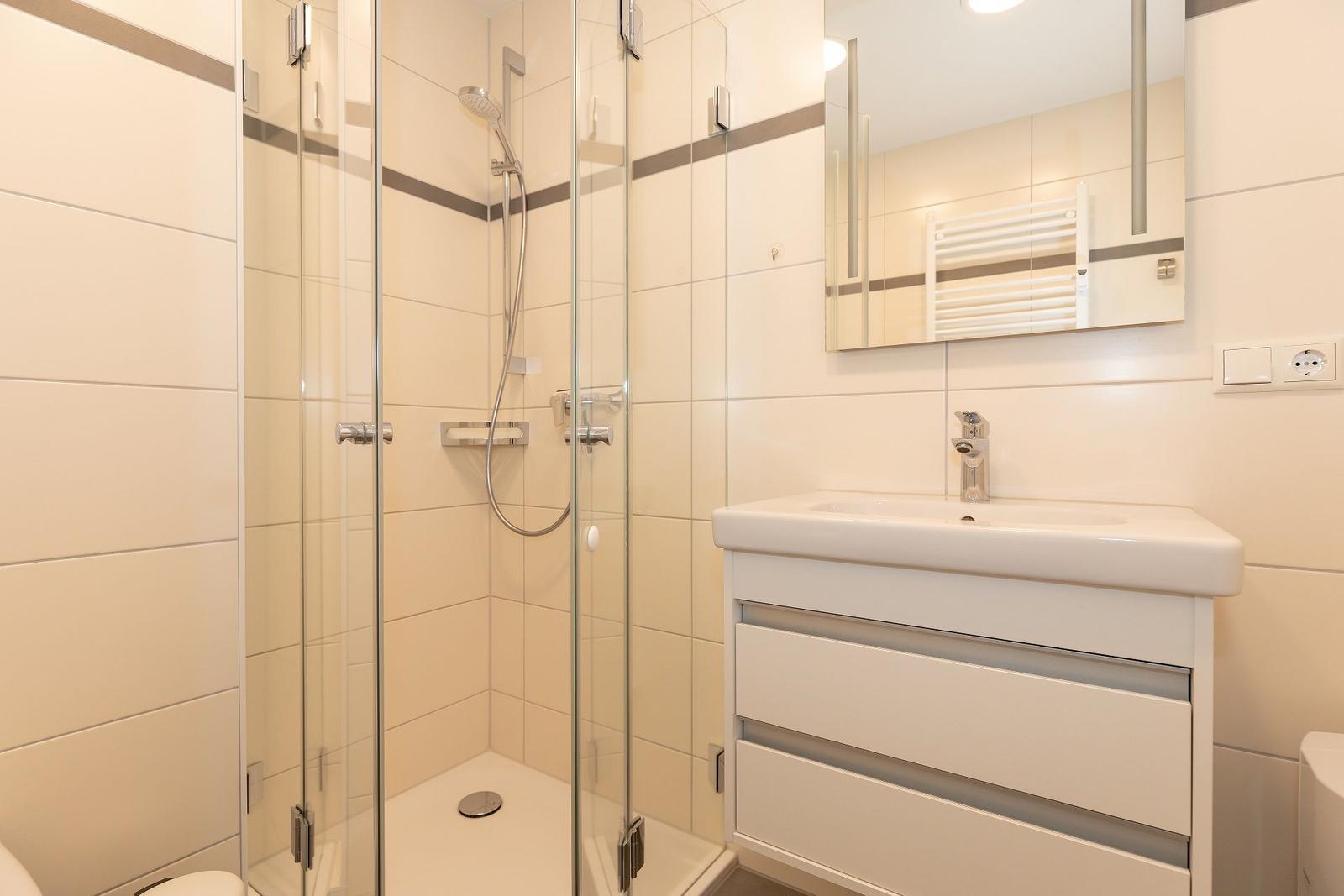 Shower with glass enclosure, sink with mirror cabinet and towel warmer