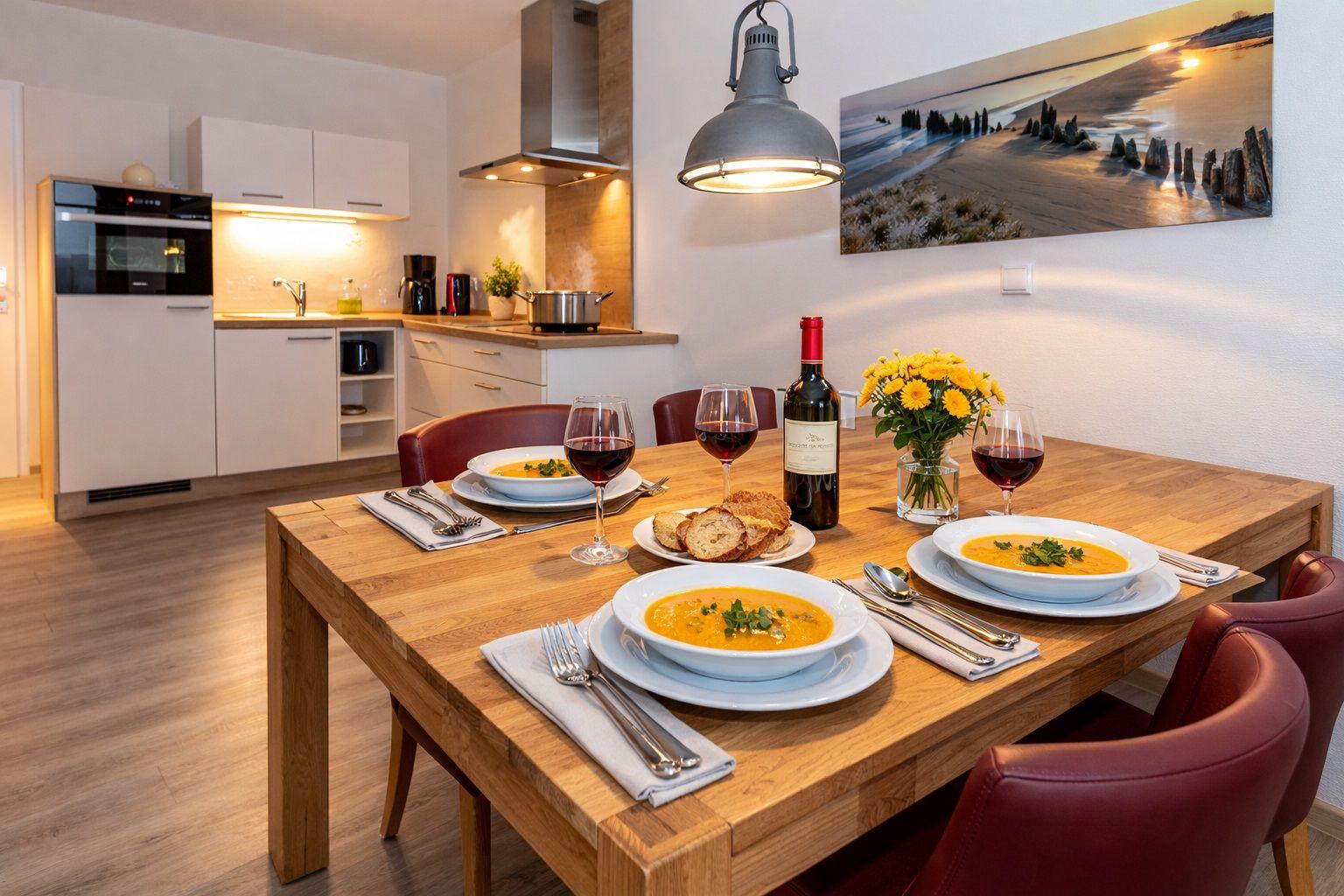 Dining table with soup, wine, and flowers. Kitchen with stove and extractor hood.