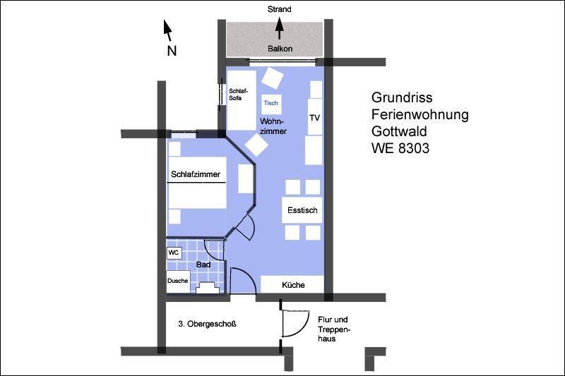 Floor plan of vacation rental Gottwald WE 8303 with balcony, kitchen, bedroom, and bathroom.
