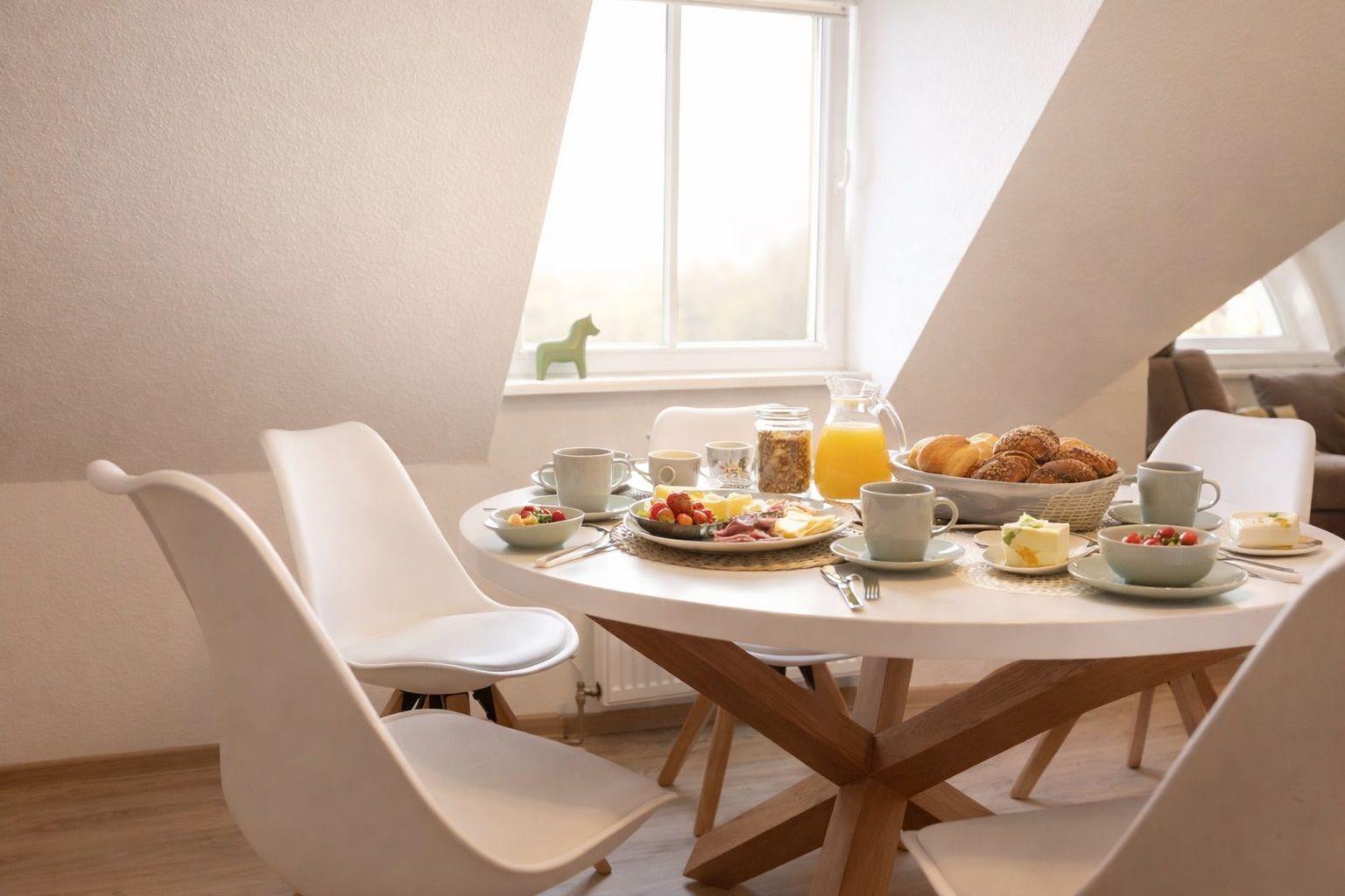 Rundes Esszimmer mit weißer Tischplatte und Holzbeinen. Tisch gedeckt mit Frühstück und Blick auf Dachfenster.