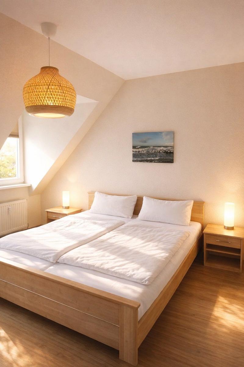 Doppelbettzimmer mit Holzbett, Nachttischen und Pendelleuchte unter Dachschräge.