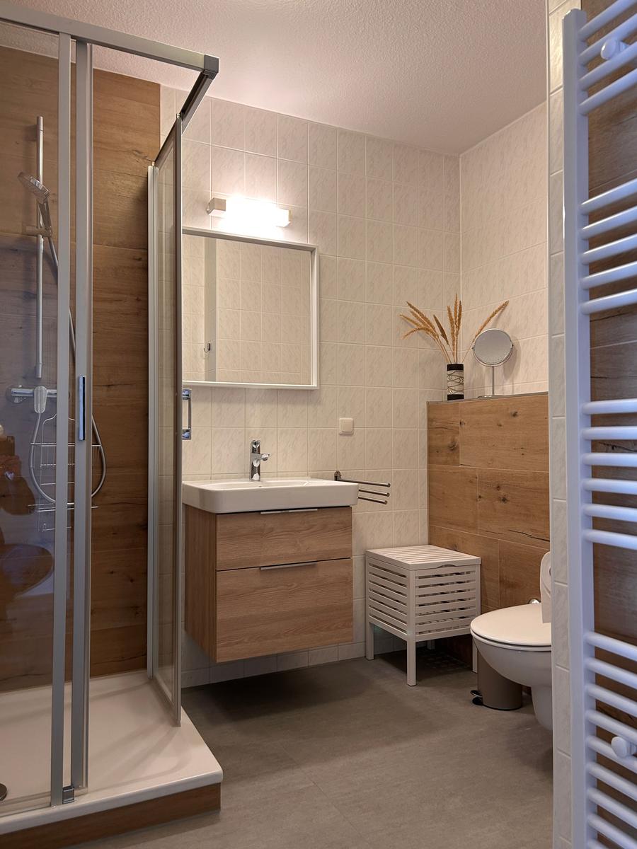 Badezimmer mit Dusche, Waschbecken und Toilette. Holzwand und Heizkörper sichtbar.