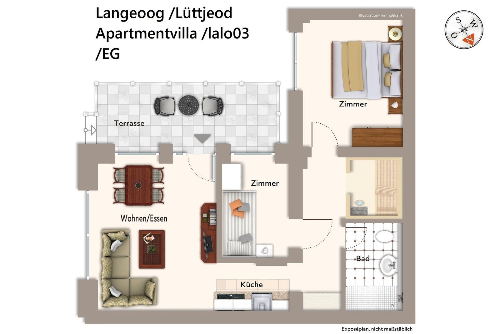 Wohnung mit Terrasse, Küche, Schlafzimmer und Bad. Plan zeigt Raumverteilung.