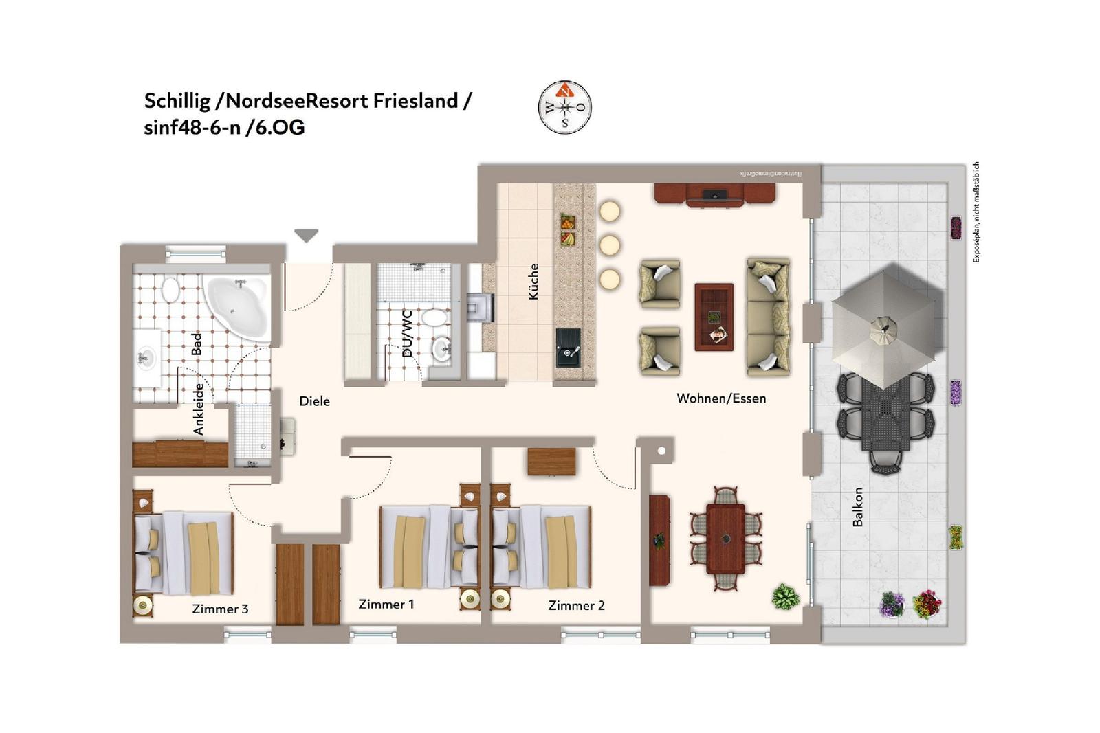 Ferienwohnung mit drei Schlafzimmern, Küche, Wohnbereich und Balkon.