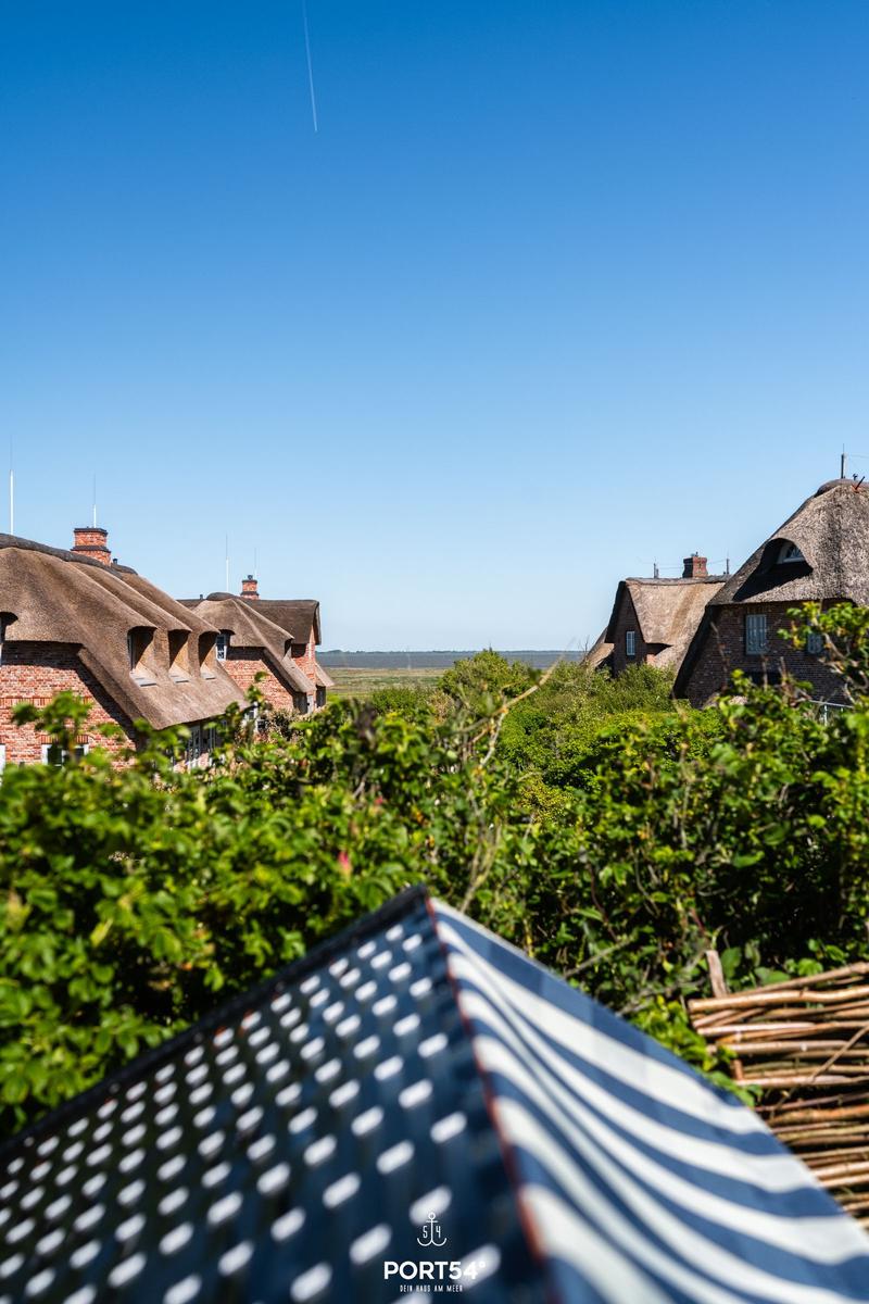Thatched-roof houses with green vegetation in the background.