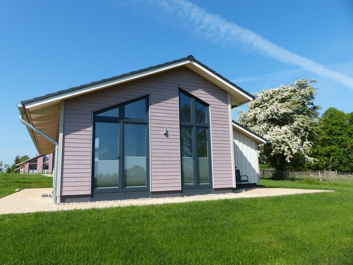 Moderne Holzhütte mit großen Fenstern und grünem Rasen. Hinterhof mit Blumenbaum.