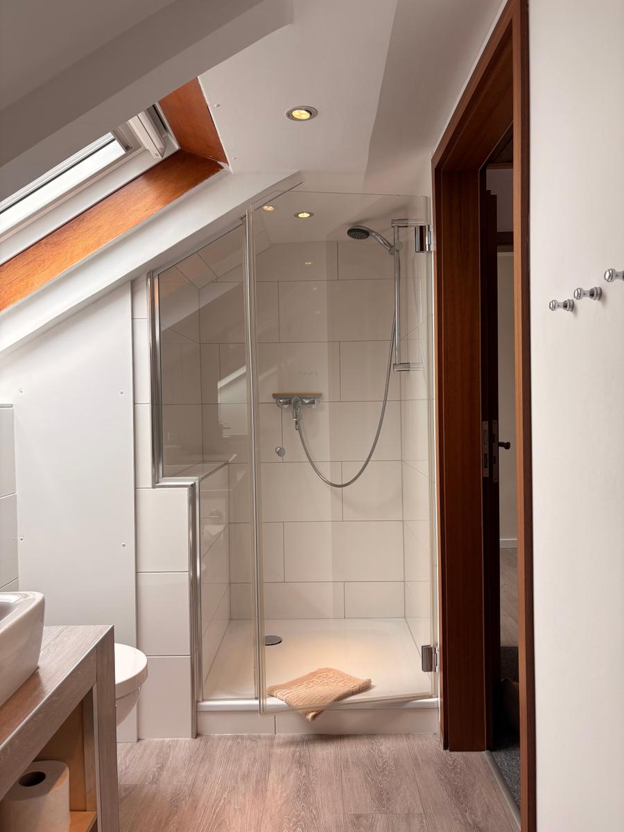 Dusche mit Glaswand, Dachfenster und Holzboden