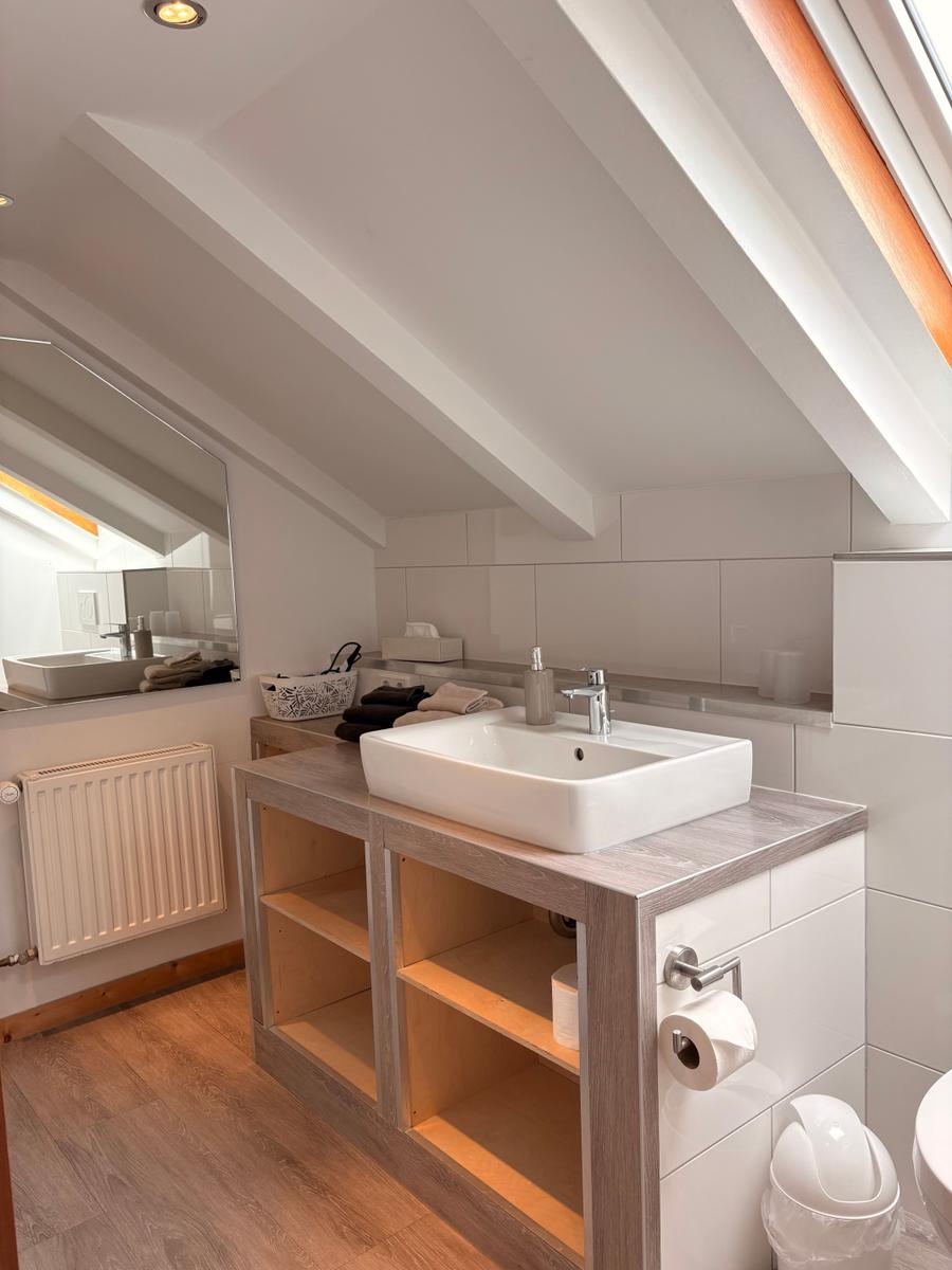 Badezimmer mit Waschbecken, Spiegel und Dachfenster.