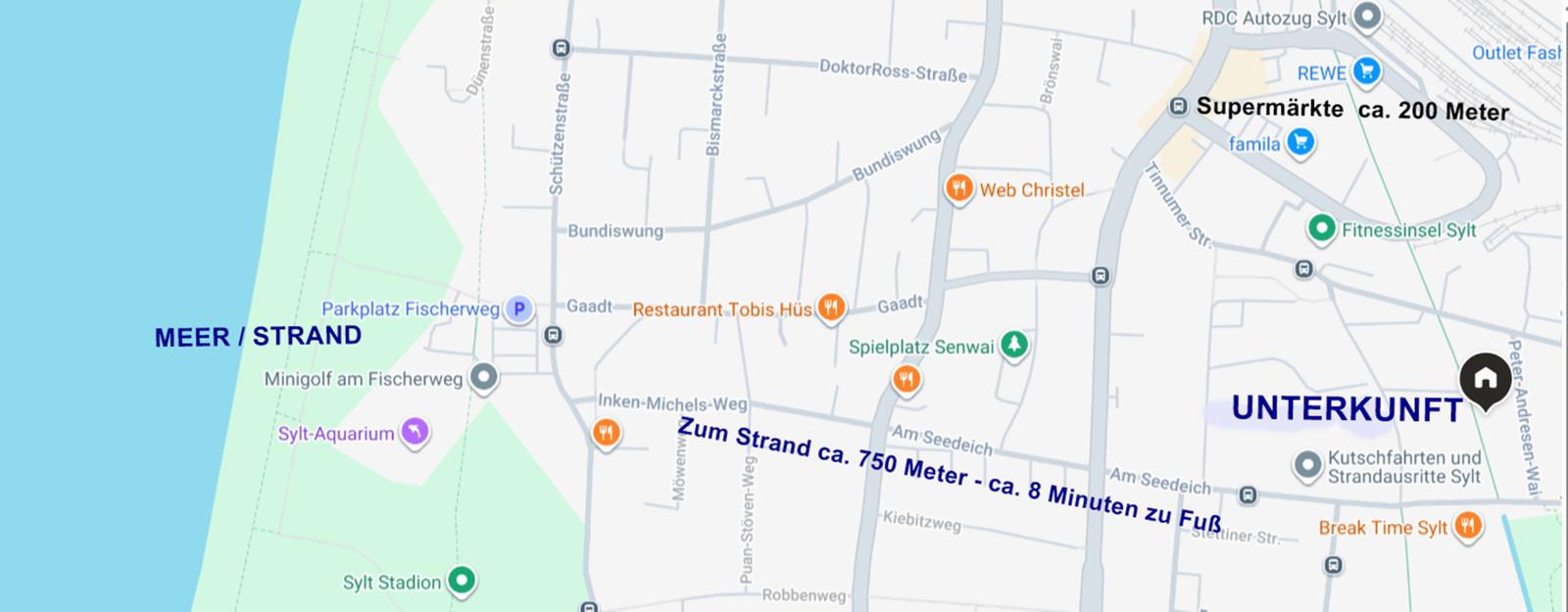 Fußweg zum Strand ca. 750 Meter/8-10 Minuten