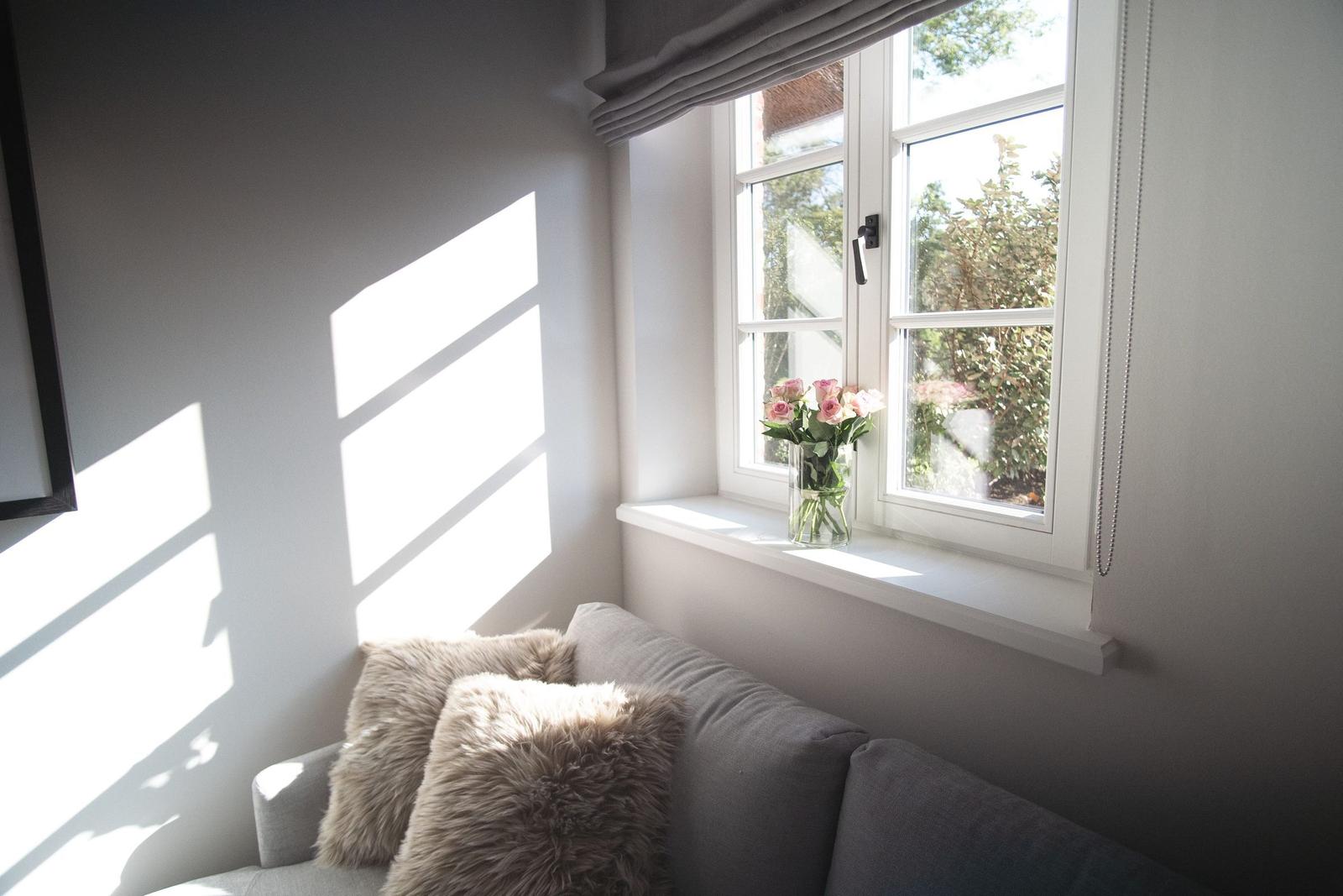 Sofa mit Kissen unter Fenster mit Blumen und Sonnenlicht.
