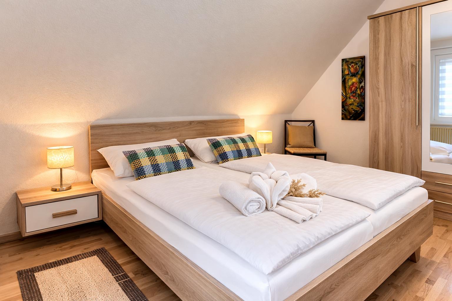 Schlafzimmer mit Doppelbett, Nachttischen und Kleiderschrank.