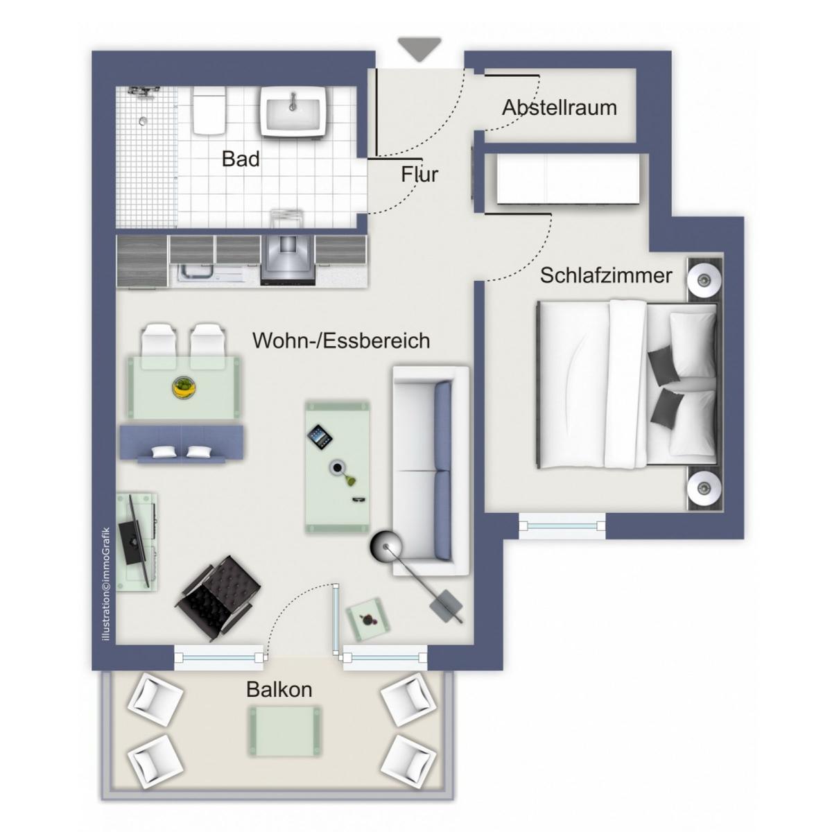 Wohnung mit Schlafzimmer, Bad, Wohnbereich und Balkon. Flur und Abstellraum vorhanden.