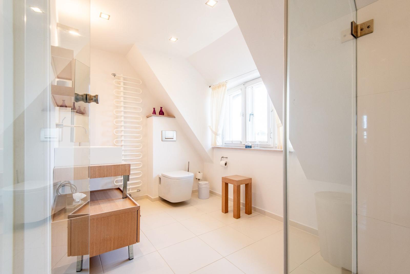 Bathroom with shower, toilet, and sink under a sloped ceiling.