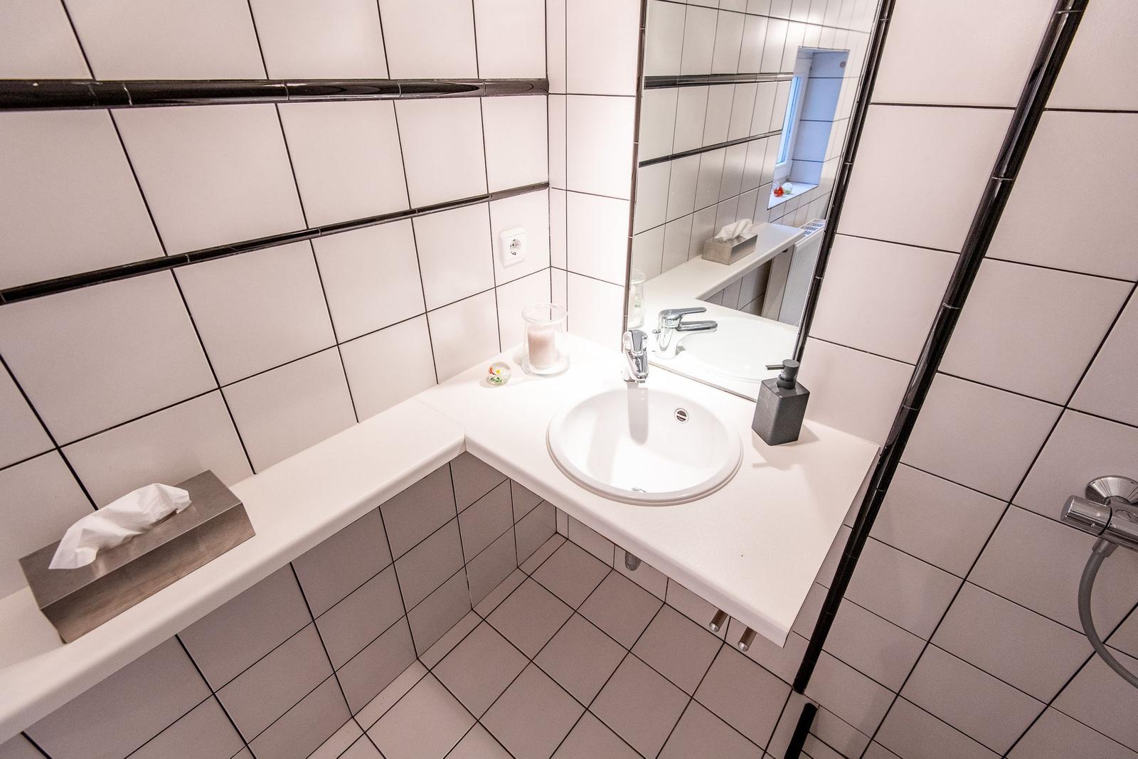 Bathroom with sink, mirror, and shower