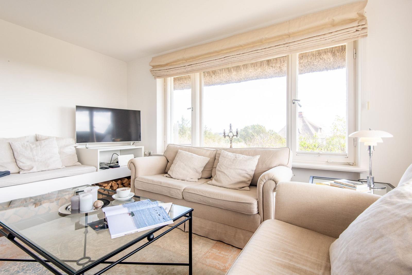 Living room with sofa, TV, and large window with view outside.