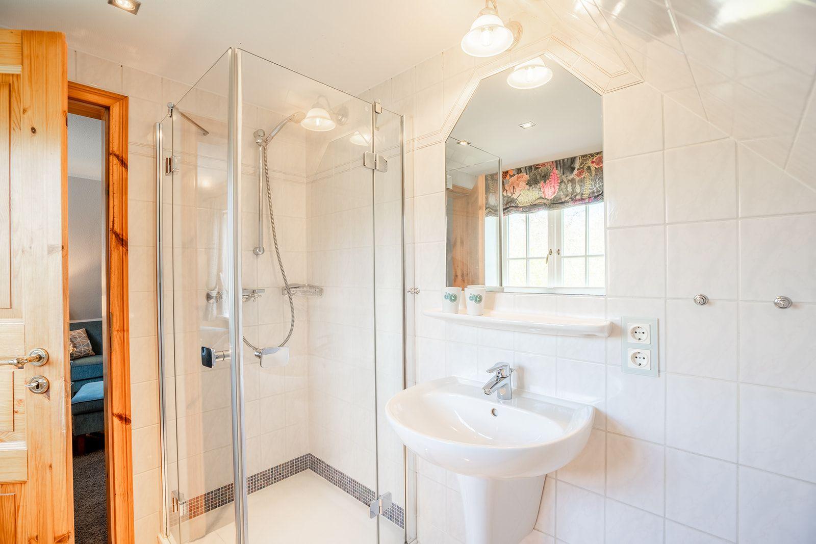 Badezimmer mit Dusche, Fenster und WC