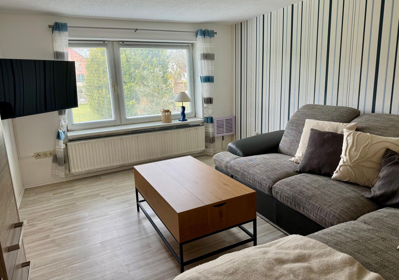Wohnzimmer mit Sofa, Couchtisch und Fenster. Wand mit Streifen. Fernseher an der Wand.