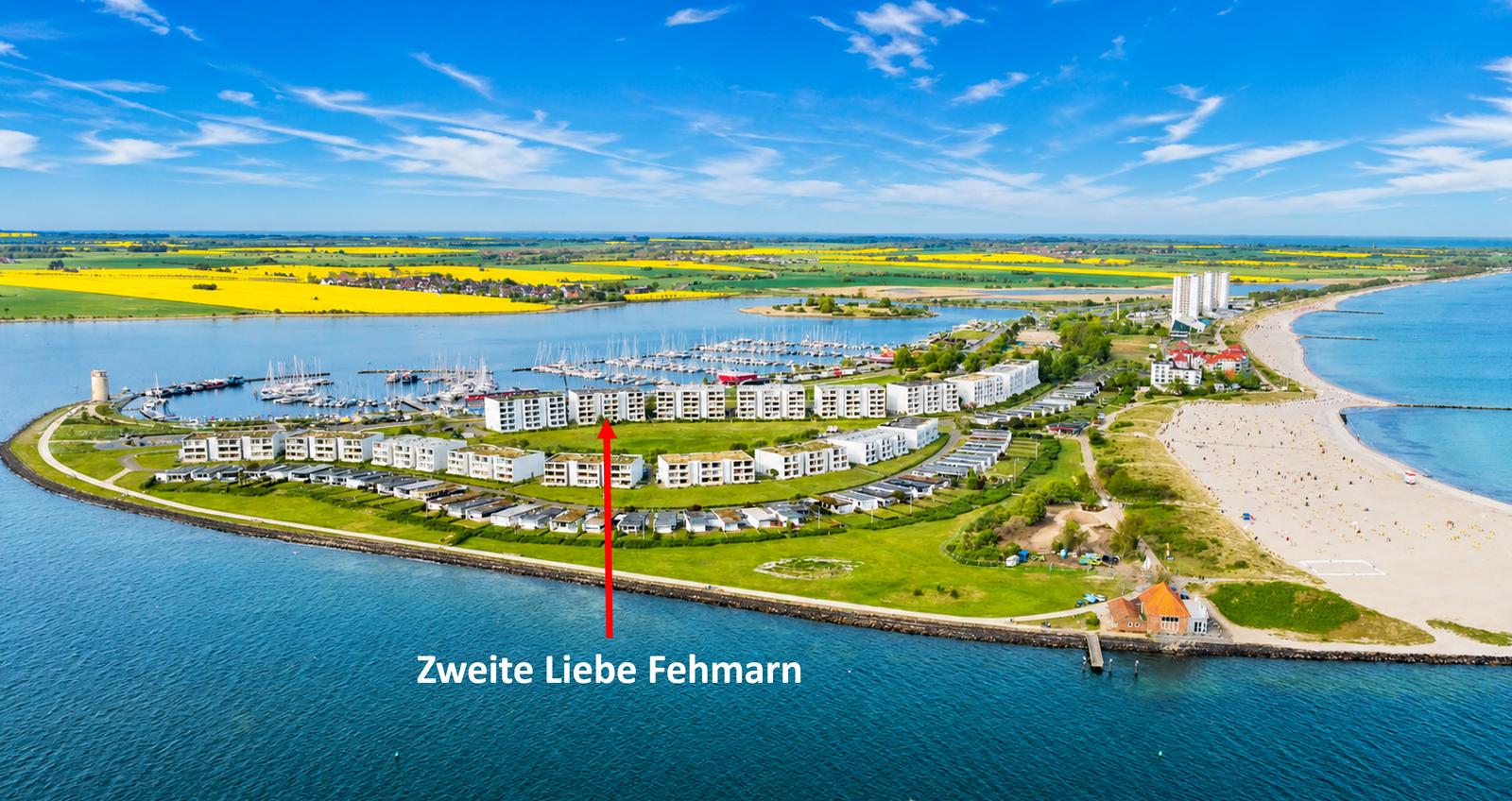 Luftaufnahme mit Lage der Ferienwohnung "Zweite Liebe Fehmarn"