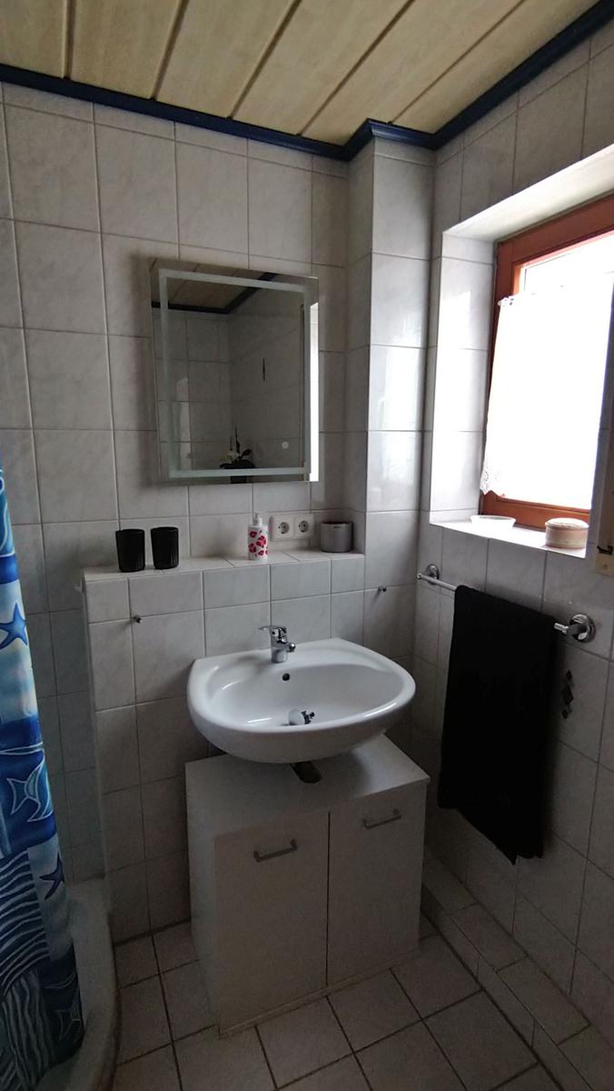 Badezimmer mit Waschbecken, Spiegel und Fenster. Duschvorhang und Handtuch sind vorhanden.