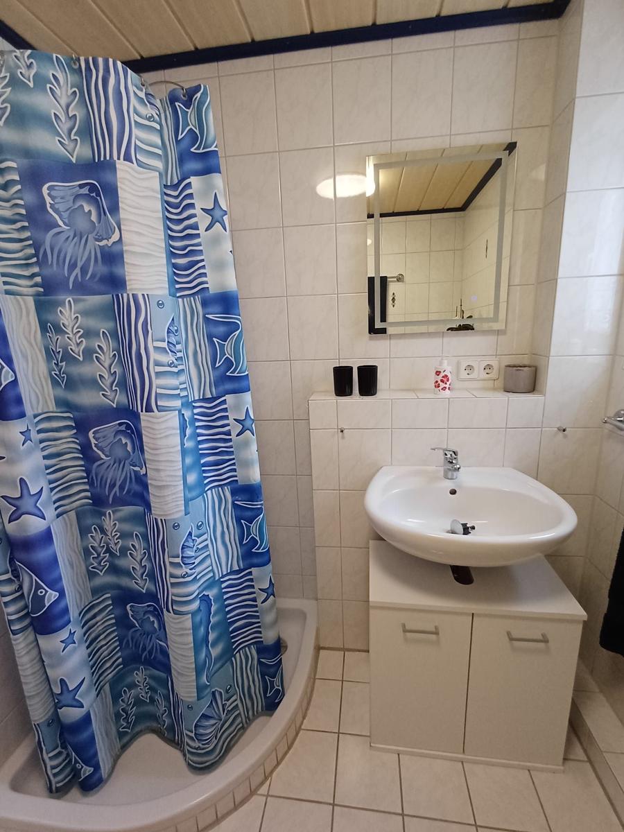 Badezimmer mit Dusche, Waschbecken und Spiegel