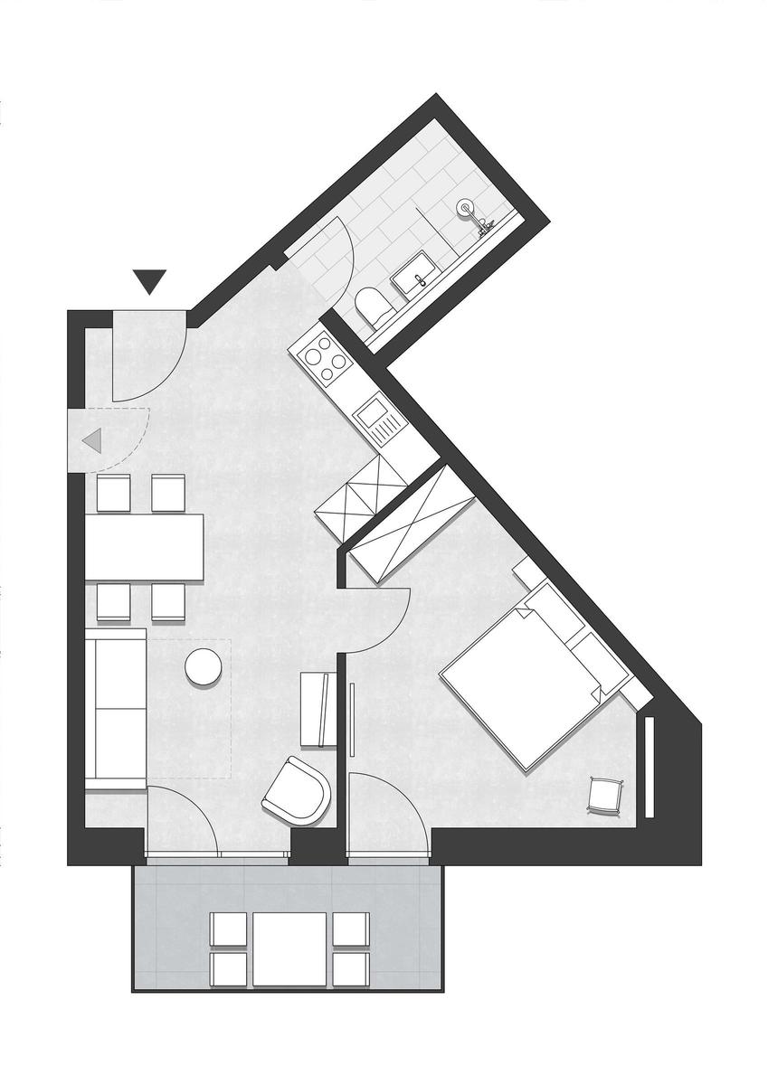 Wohnung mit Küche, Schlafzimmer und Bad. Flur mit Treppe und Fenster.