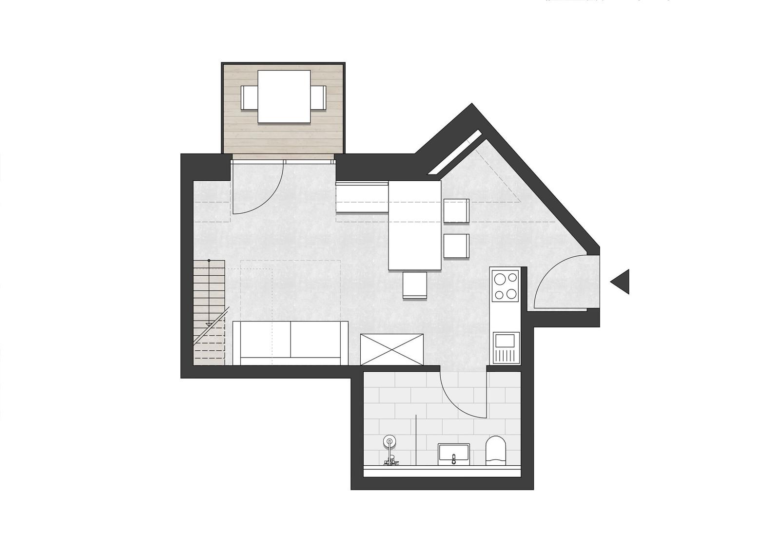 Dieses Haus hat eine Küche, ein Wohnzimmer, ein Bad und eine Treppe.