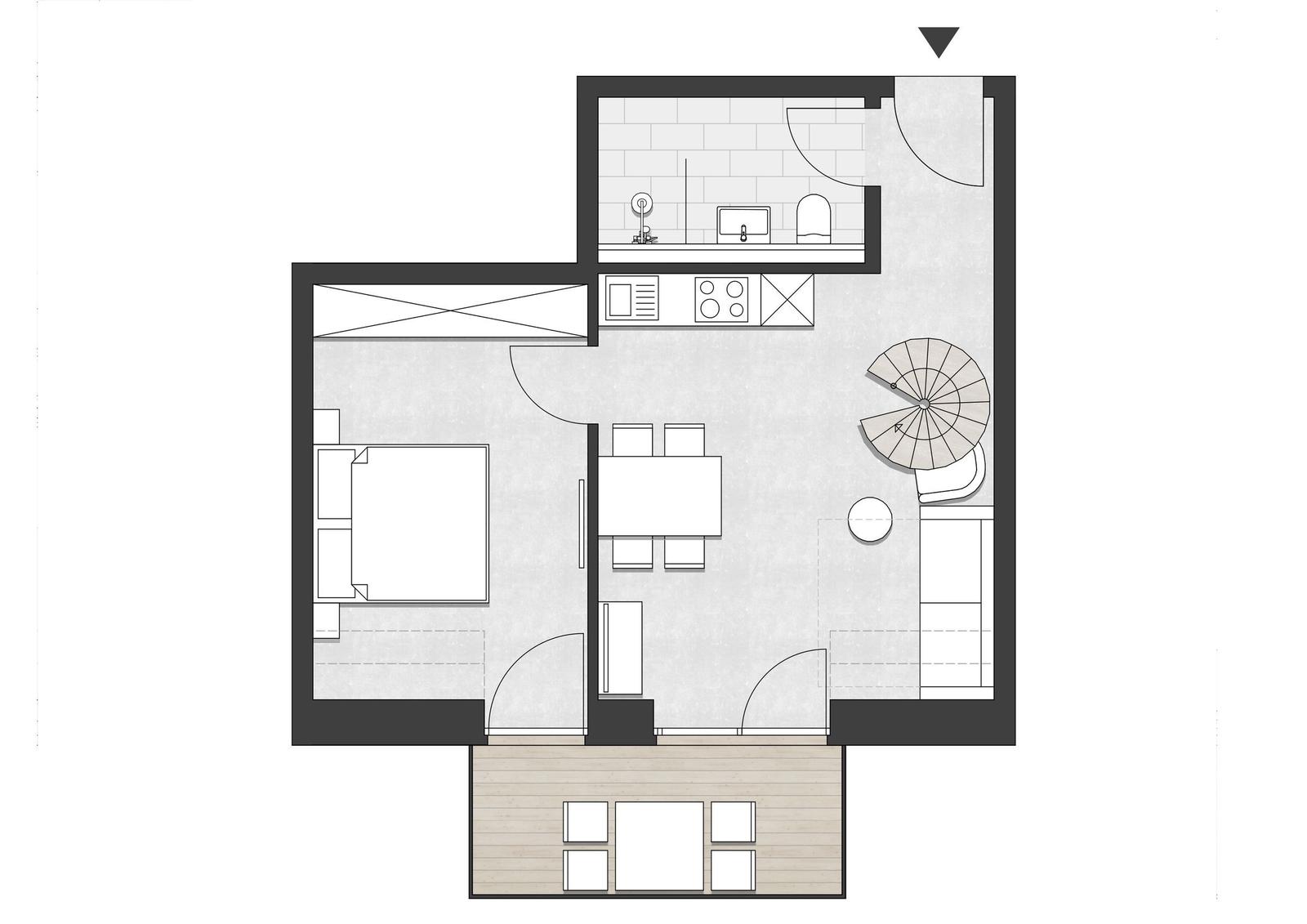 Ein Raumplan zeigt Schlafzimmer, Küche, Essbereich und einen Balkon.