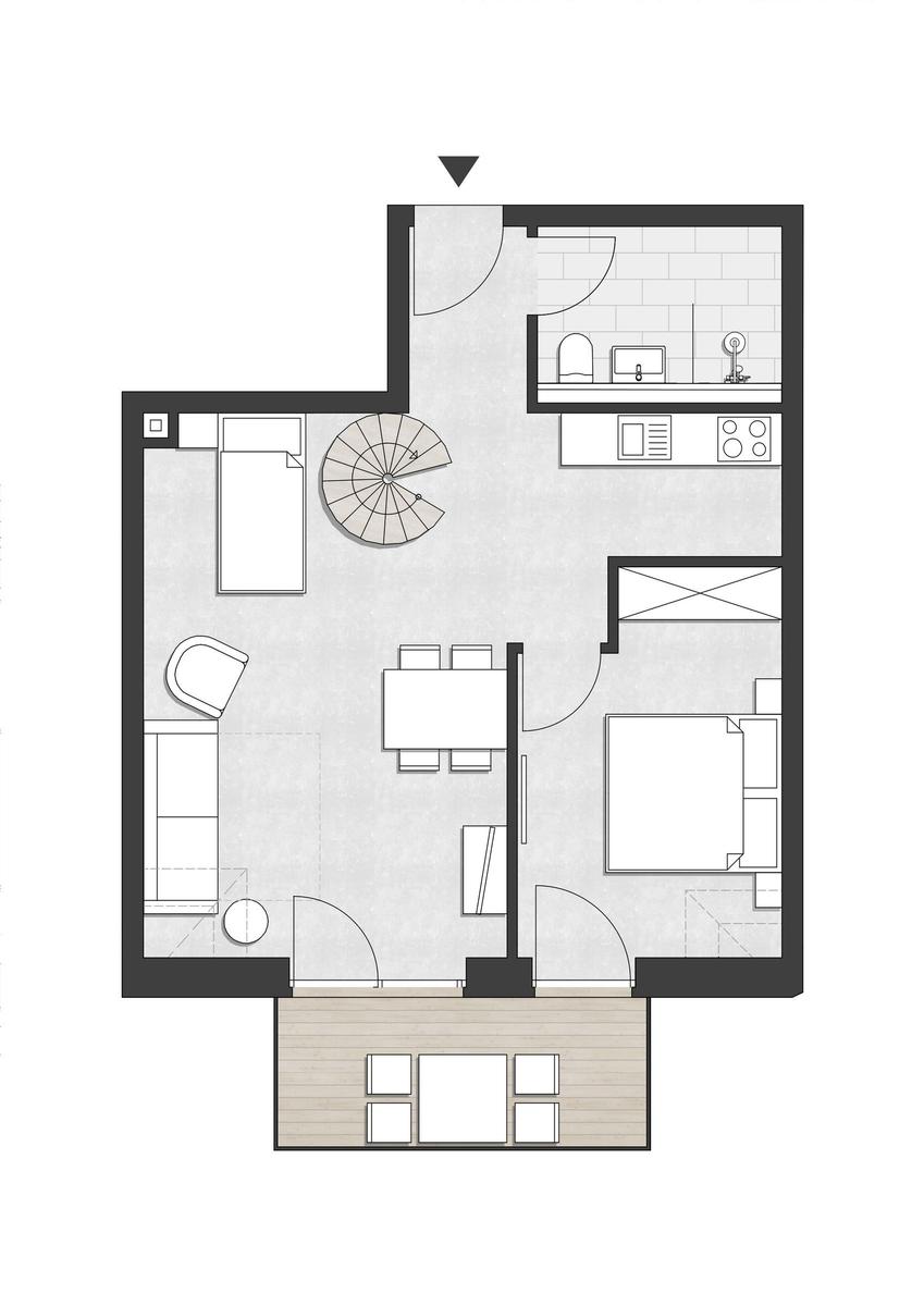 Einfamilienhaus mit Wohnbereich, Küche, Bad und Terrasse