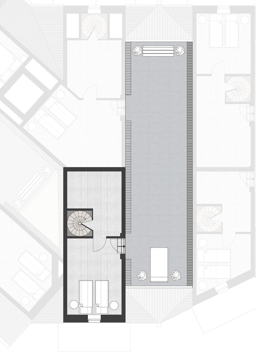 Architekturplan zeigt Wohnbereich mit Schlafzimmer und Dachterrasse.